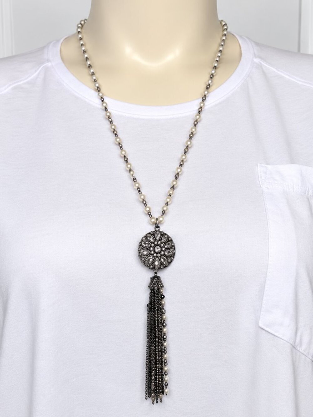 NY & Co Pearl Rhinestone Medallion Tassel Long Necklace
